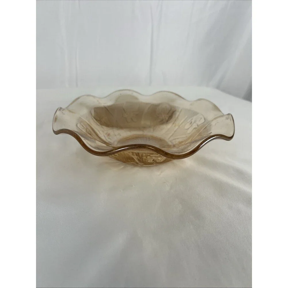 Vintage Amber Carnival Glass Ruffled Dish Bowl Floral Pattern Scalloped Edge